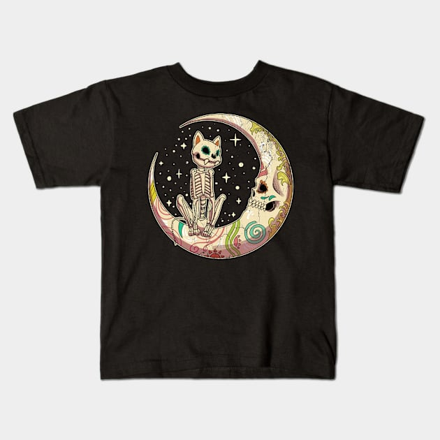 Sugar Skull Crescent Moon Cat Dead Day Halloween Kids T-Shirt by Funnyawesomedesigns